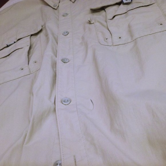 Vintage 90s Columbia PFG Shirt OmniShade Mens-XXL Pockets SSL Tactel Nylon Beige - Picture 8 of 12